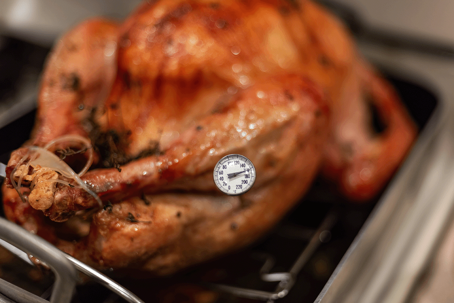 a roast chicken with a temperature probe