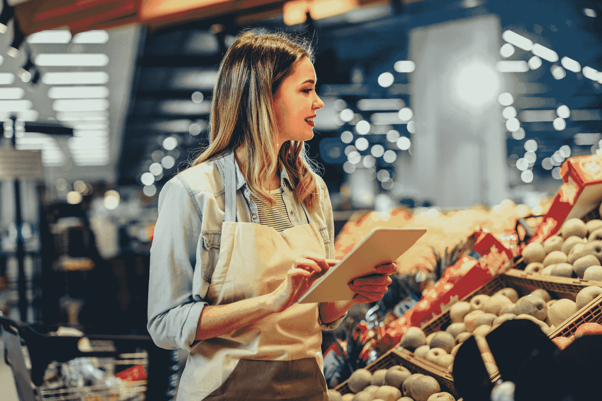 A supermarket employee checks stock with the help of a tablet application-min