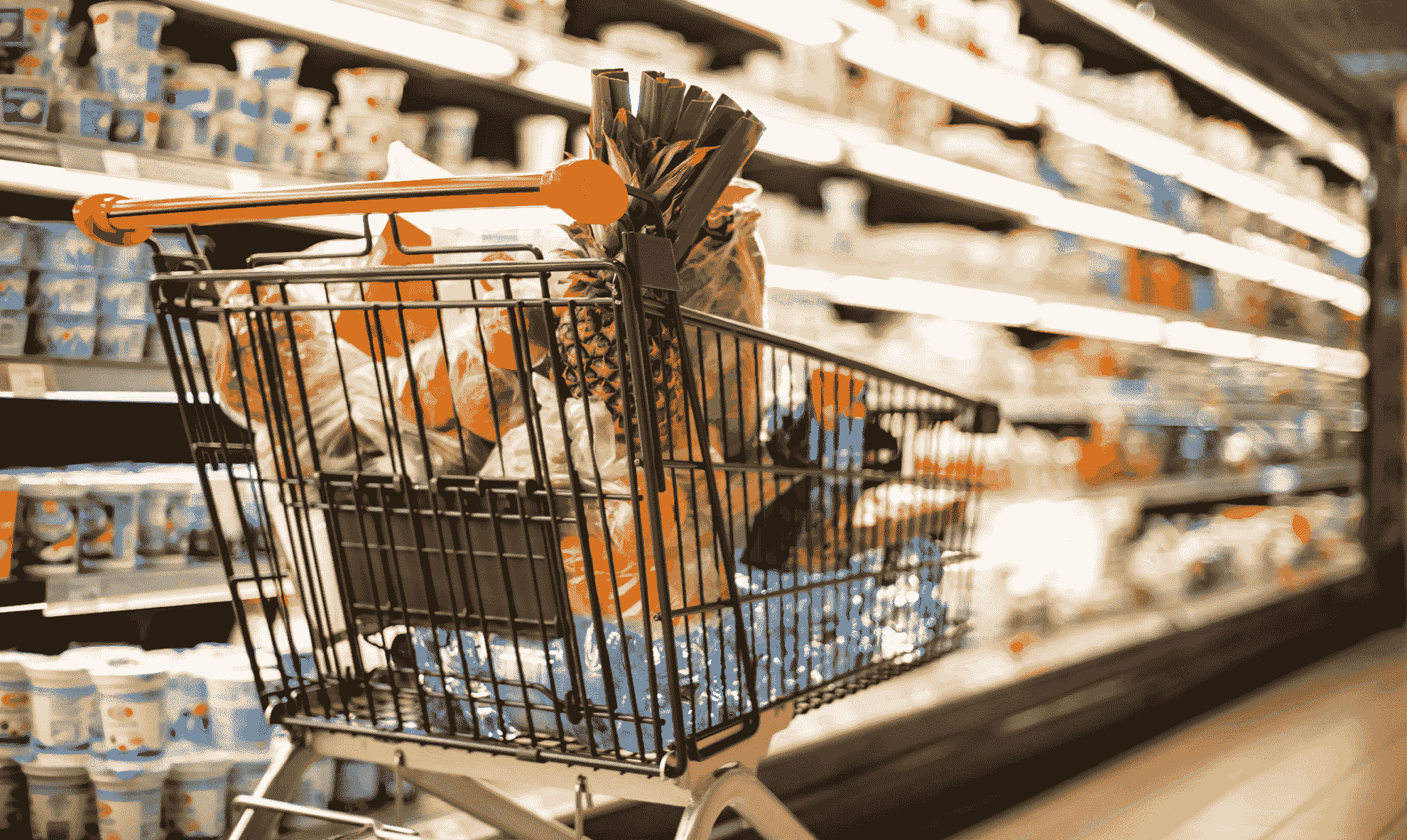 A supermarket trolley filled with food and left in an aisle-min