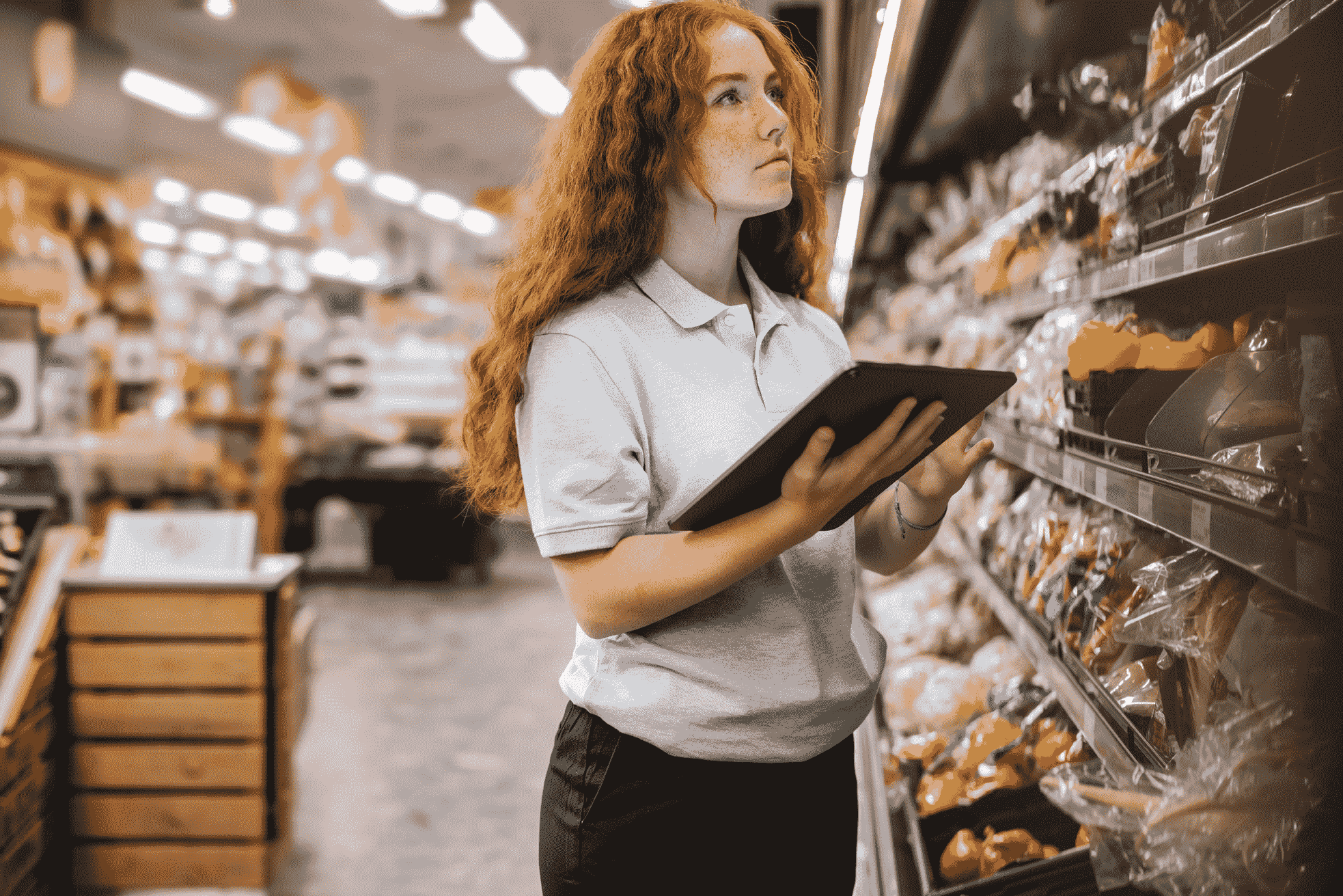 supermarket employee looks at shelves while holding tablet-min-1